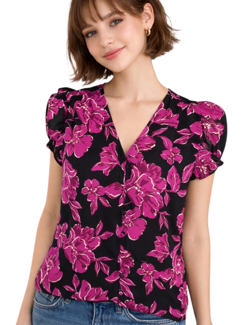 Ann Taylor Pink Floral Puff Sleeve V-Neck Blouse Career Chic Romantic Shell S